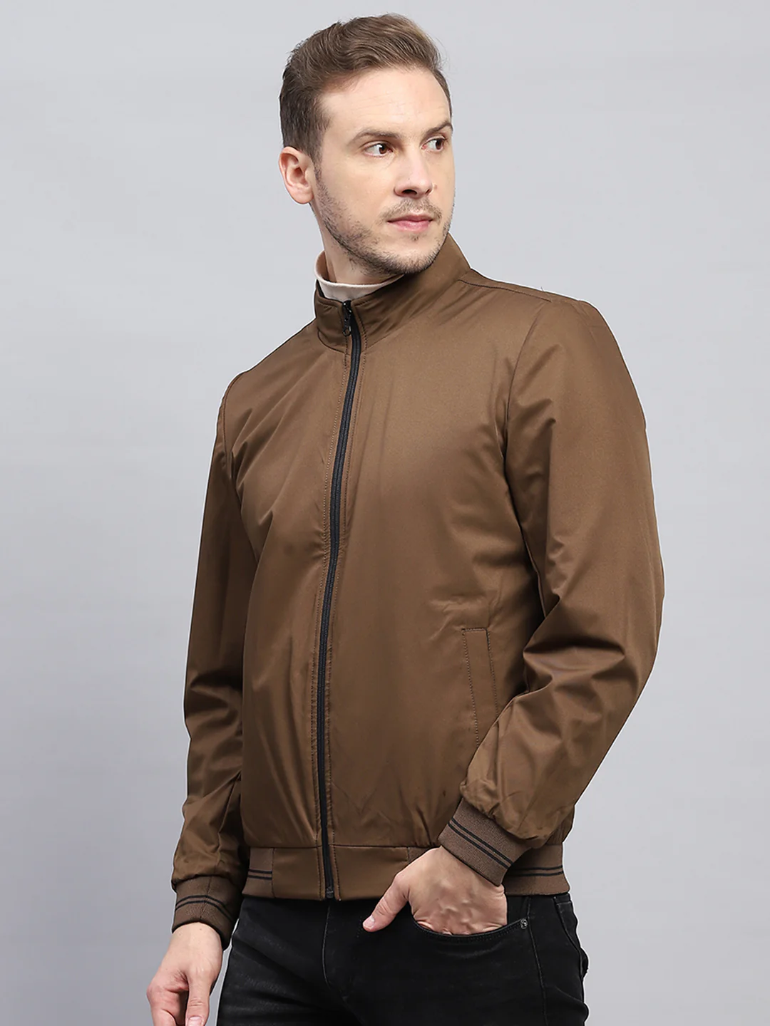 Men Brown Check Mock Neck Full Sleeve Jacket - Image 7