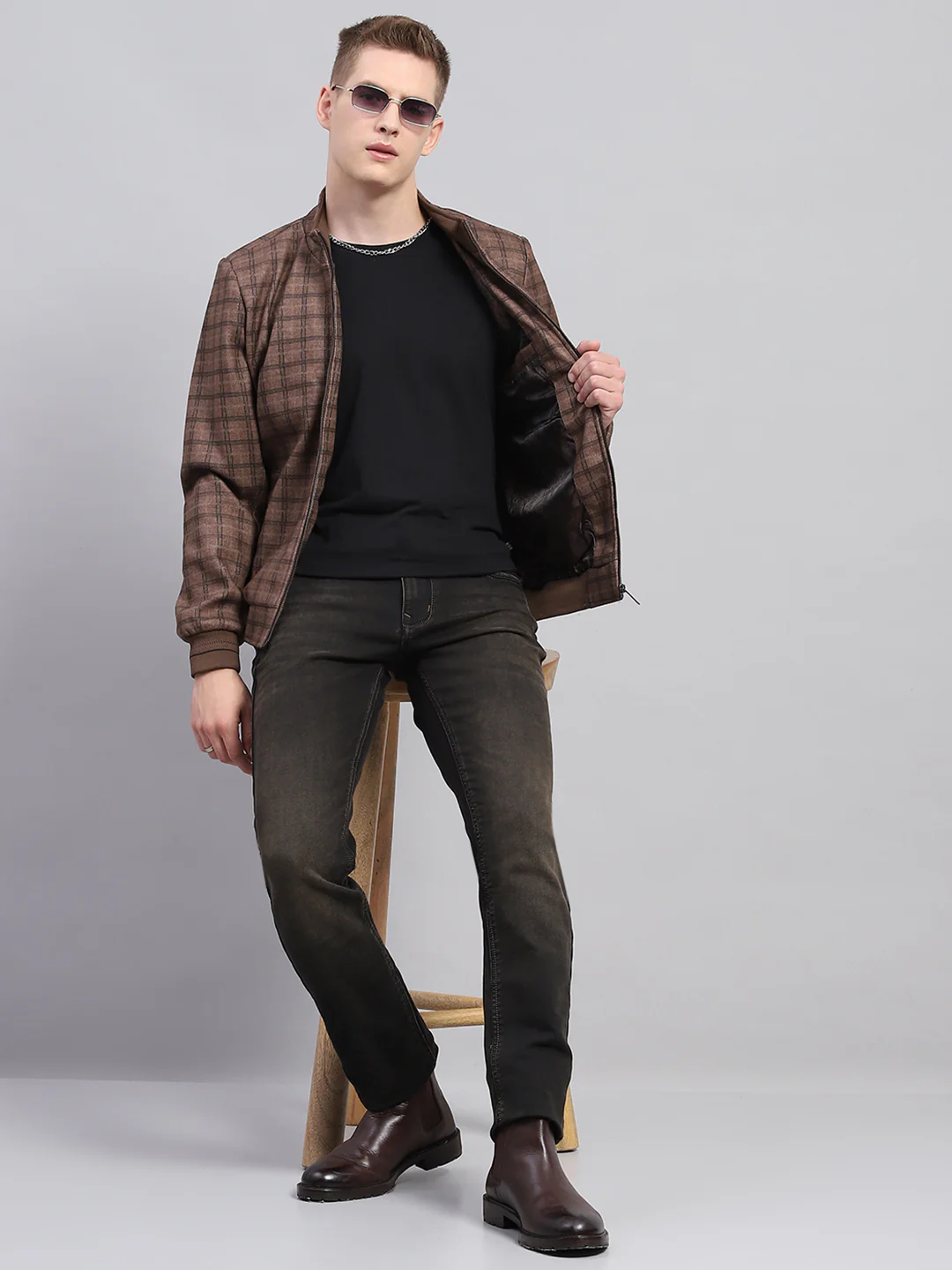 Men Brown Check Mock Neck Full Sleeve Jacket - Image 2