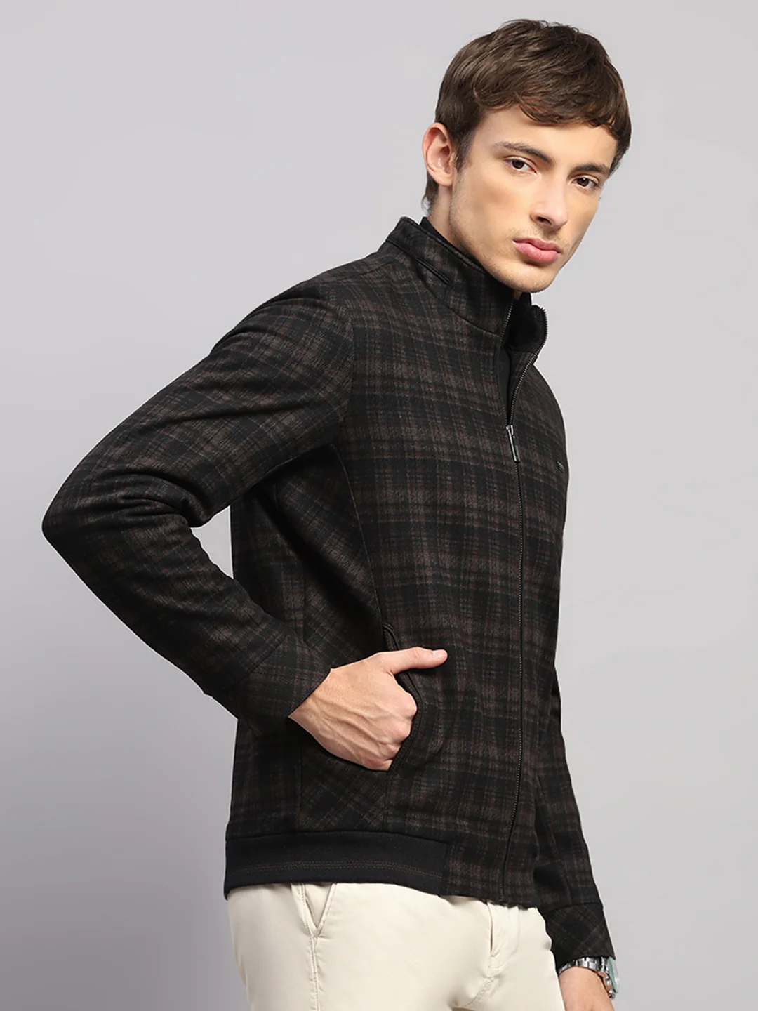 Men Brown Check Mock Neck Full Sleeve Jacket - Image 4