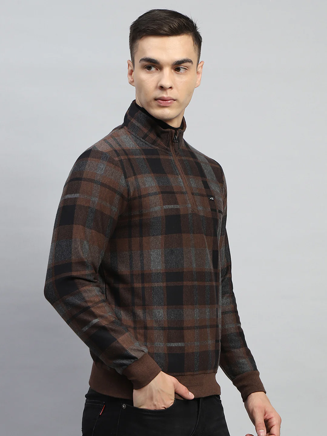 Men Brown Check Mock Neck Full Sleeve Winter T-Shirt - Image 4