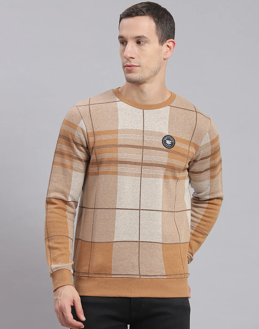 Men Brown Check Round Neck Full Sleeve Sweatshirt - Image 2