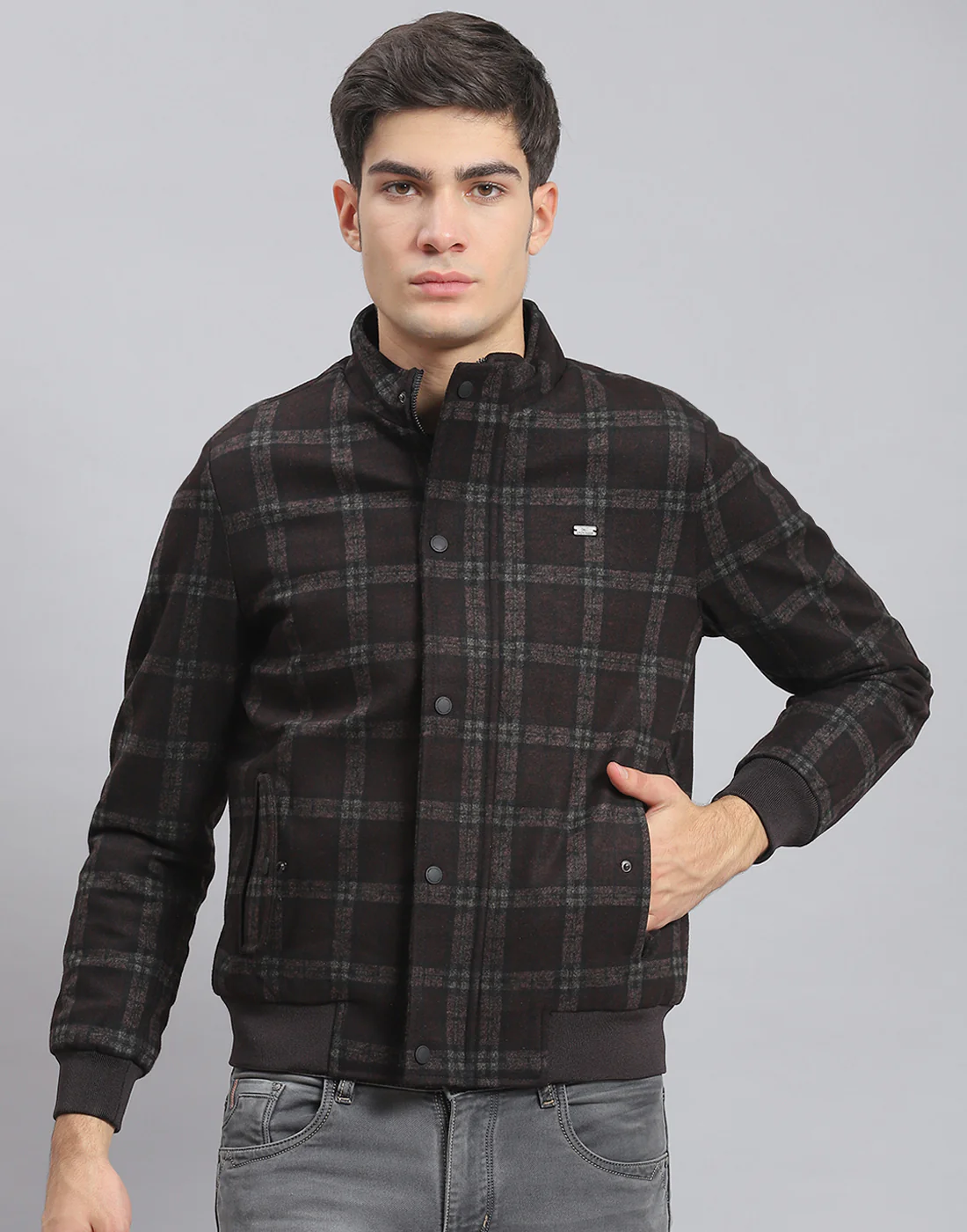Men Brown Check Stand Collar Full Sleeve Coat - Image 2