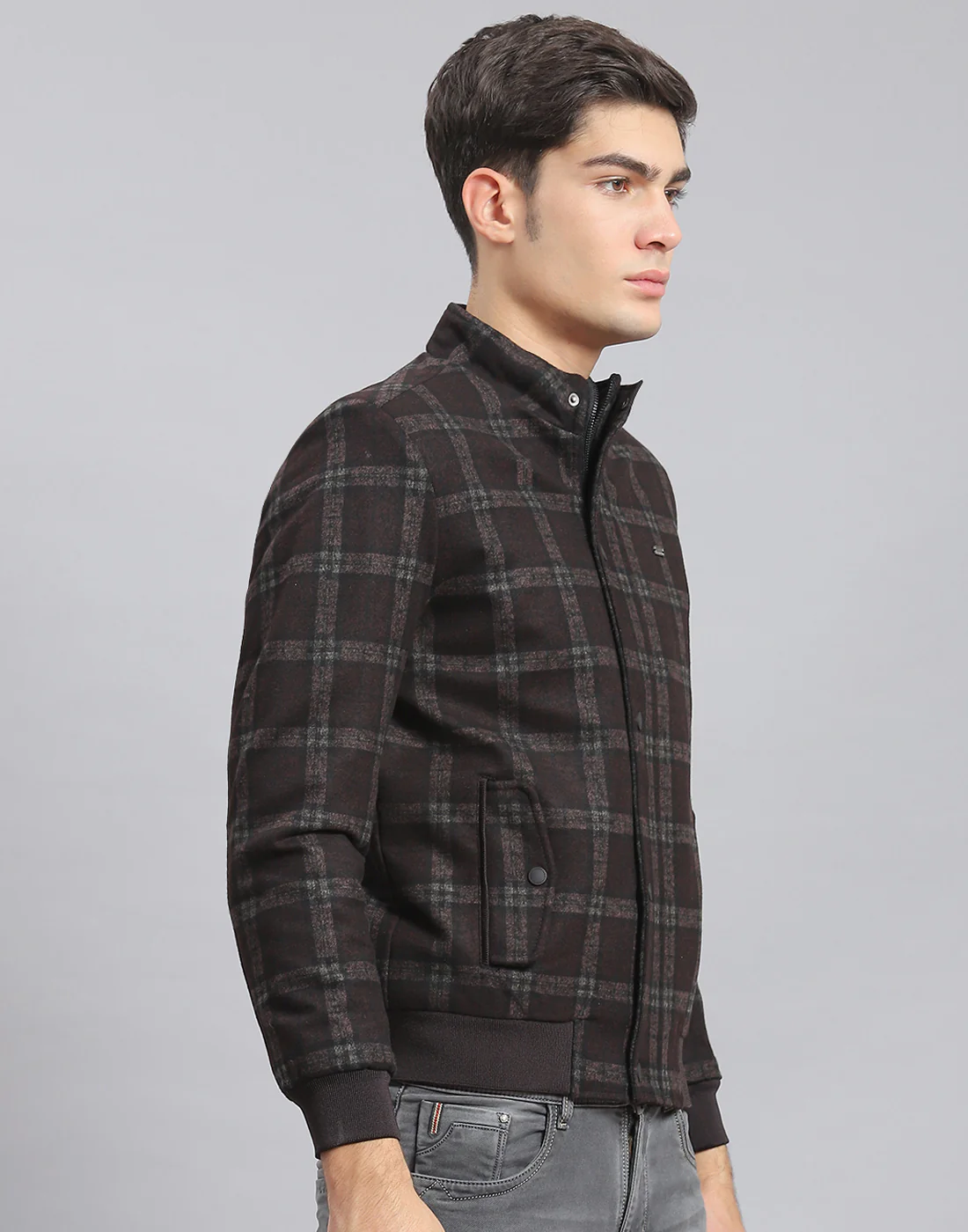 Men Brown Check Stand Collar Full Sleeve Coat - Image 4