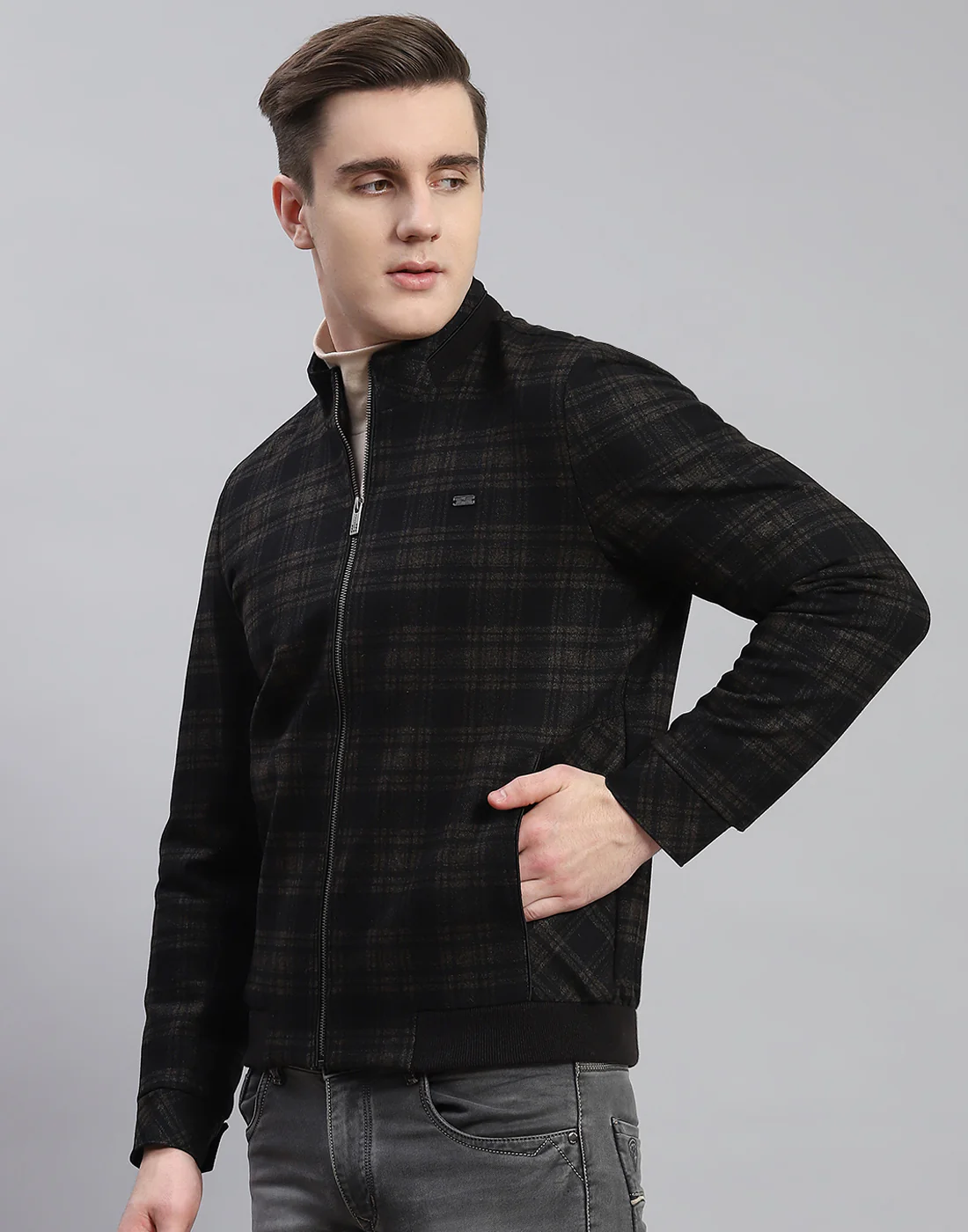 Men Brown Check Stand Collar Full Sleeve Coat - Image 3