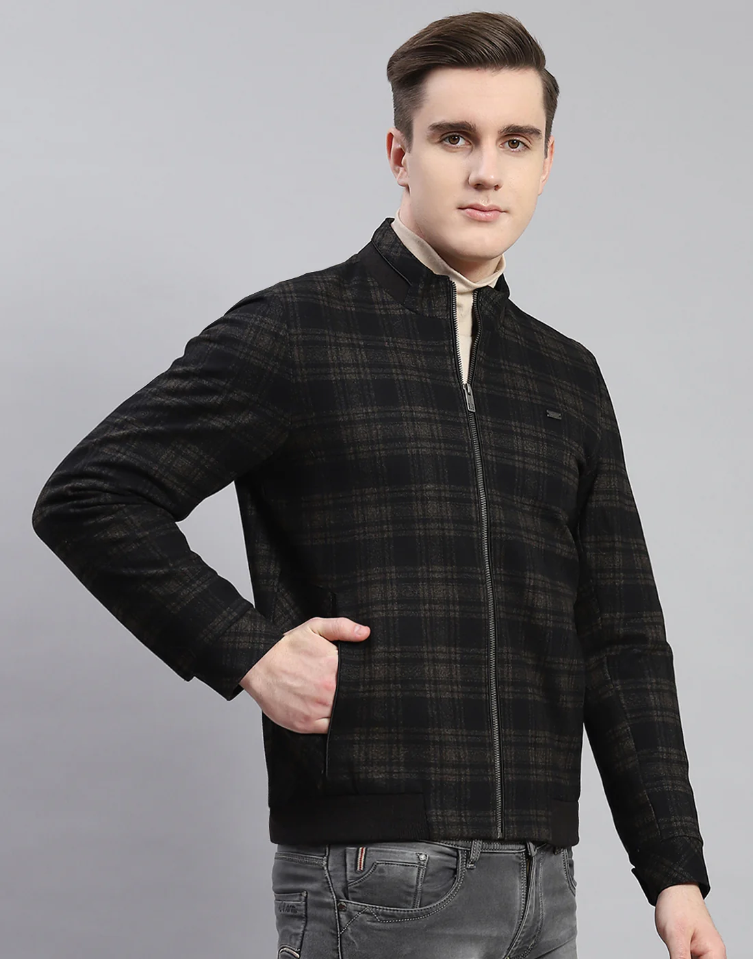 Men Brown Check Stand Collar Full Sleeve Coat - Image 4