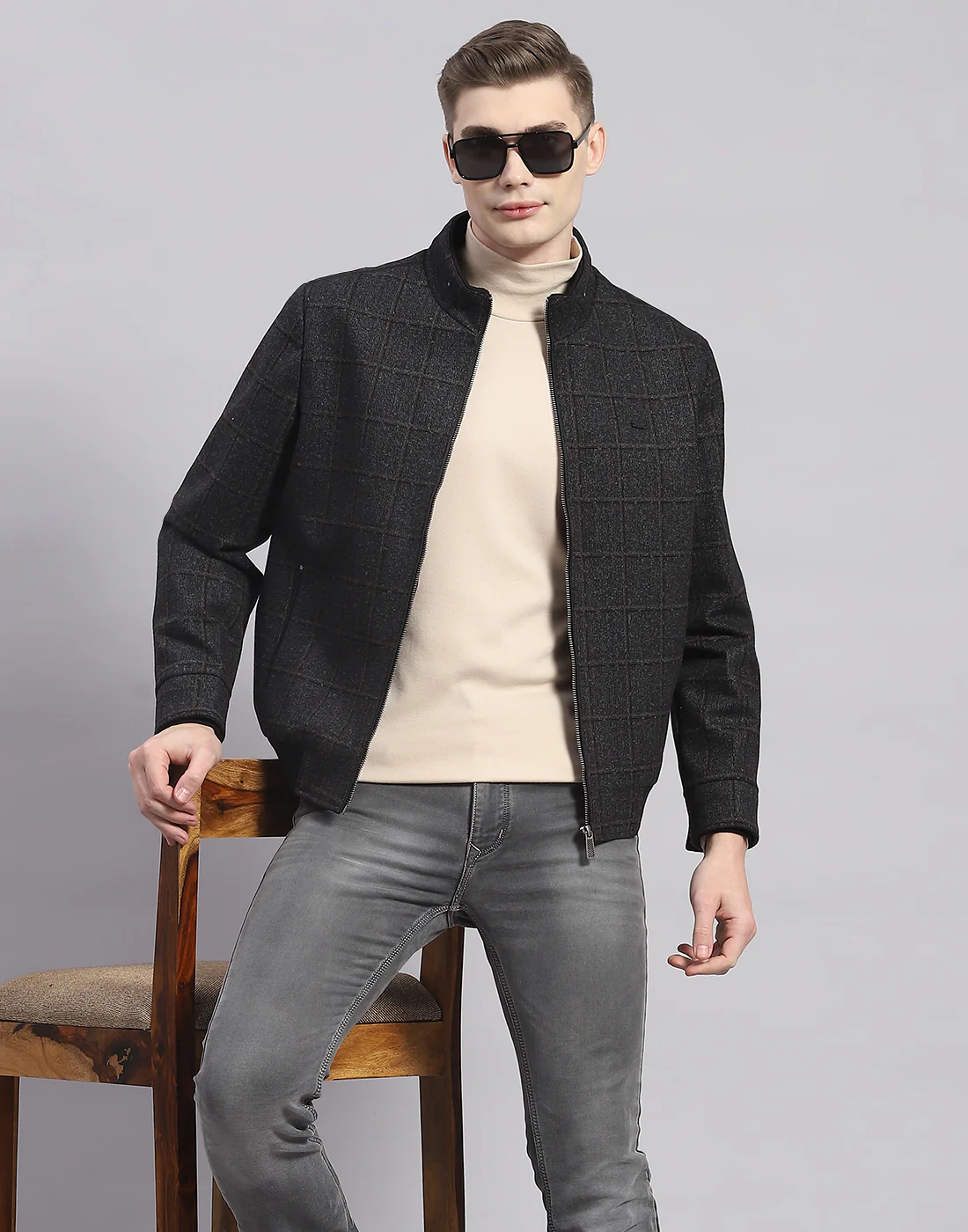 Men Brown Check Stand Collar Full Sleeve Jacket - Image 6