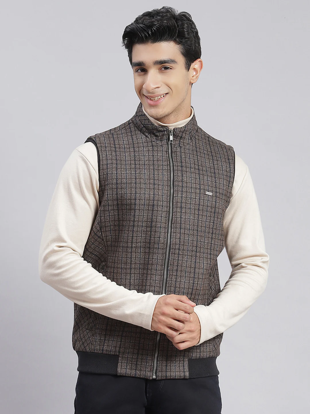 Men Brown Check Stand Collar Sleeveless Jackets - Image 4