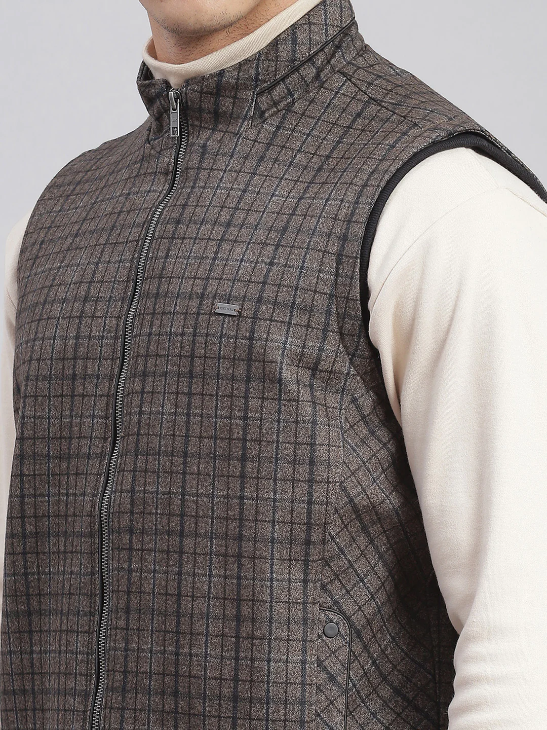Men Brown Check Stand Collar Sleeveless Jackets - Image 7