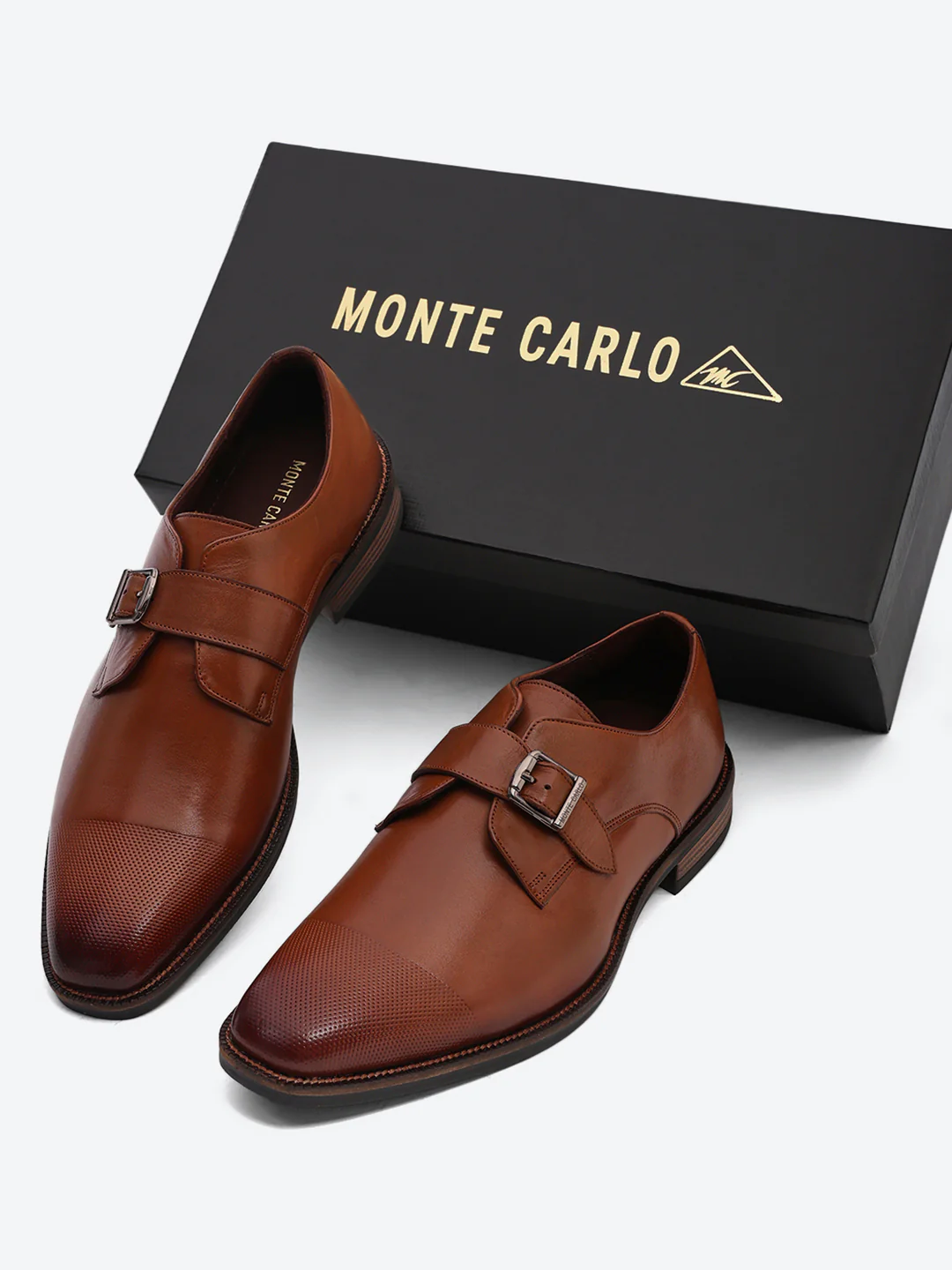 Men Brown Elastic Leather Formal Monks - Image 2