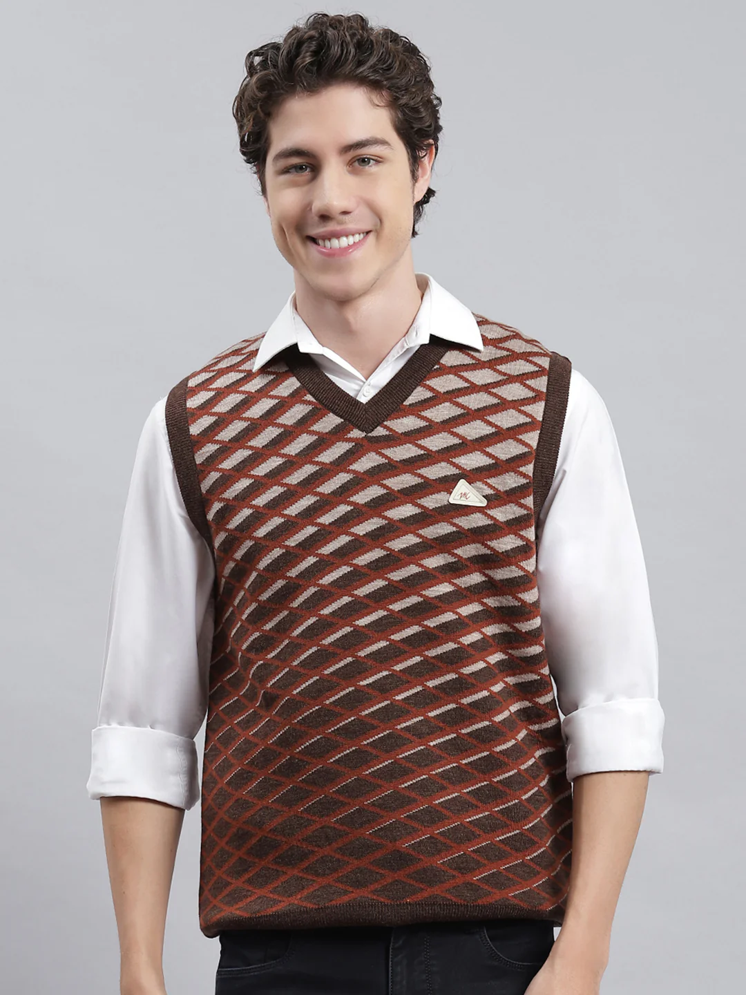 Men Brown Jaquard Sweater - Image 3