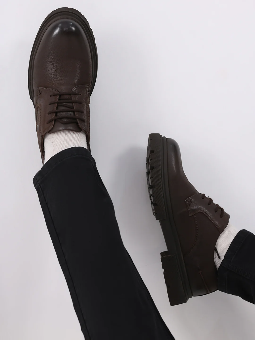 Men Brown Lace Up Leather Chunky Shoes - Image 10