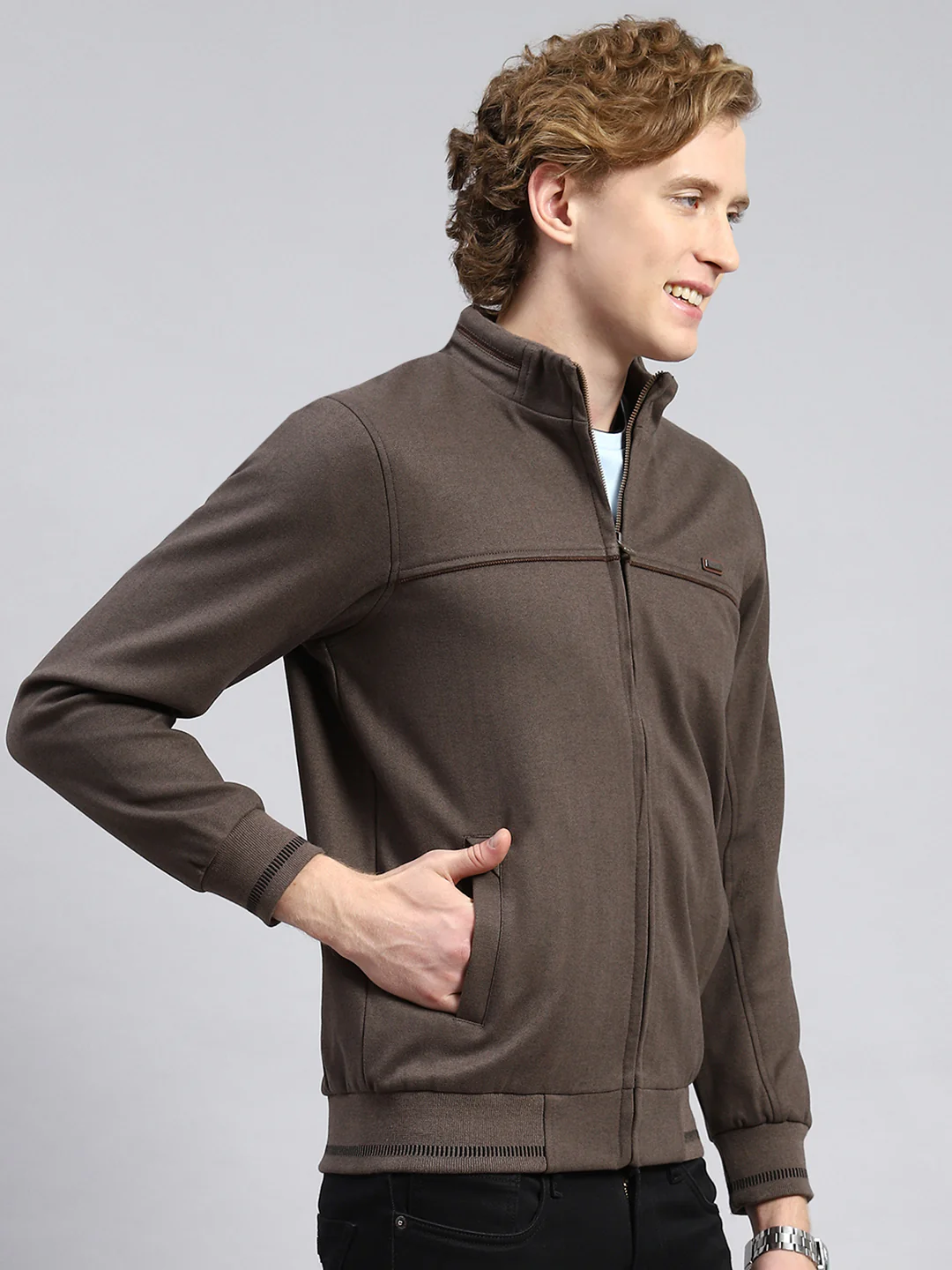 Men Brown Plain Jacket - Image 3