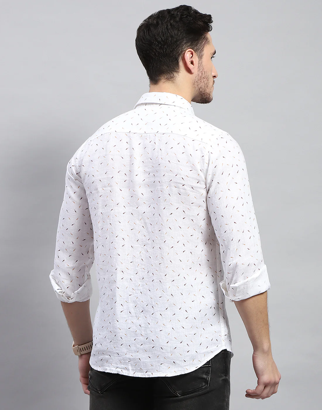 Men Brown Printed Collar Full Sleeve Linen Shirt - Image 6