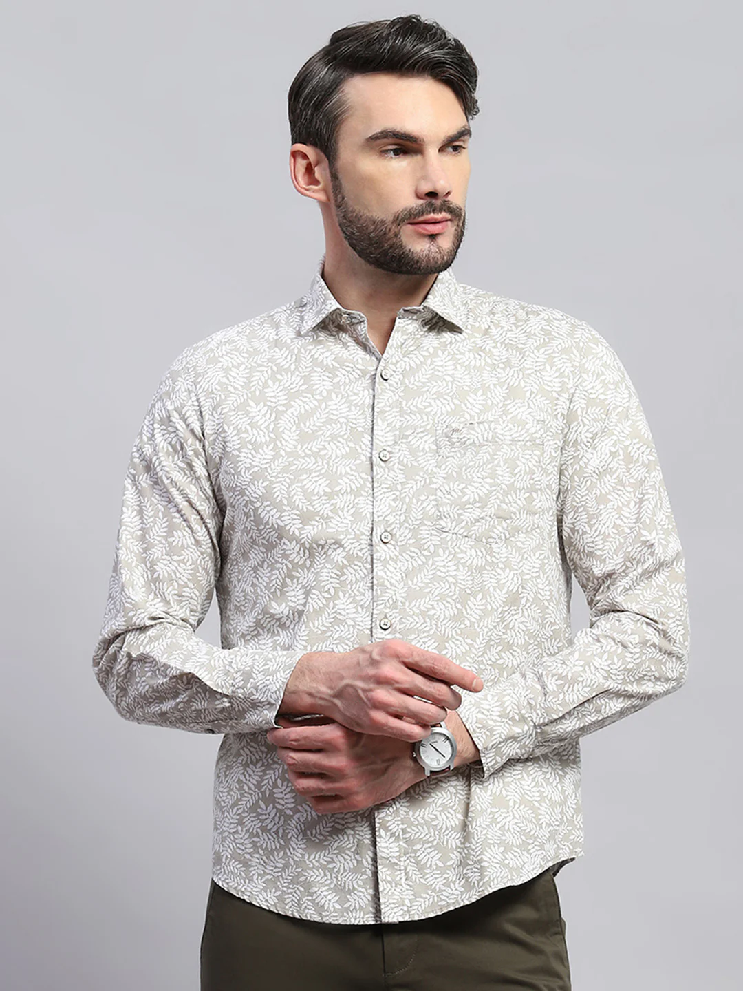 Men Brown Printed Collar Full Sleeve Shirt - Image 2