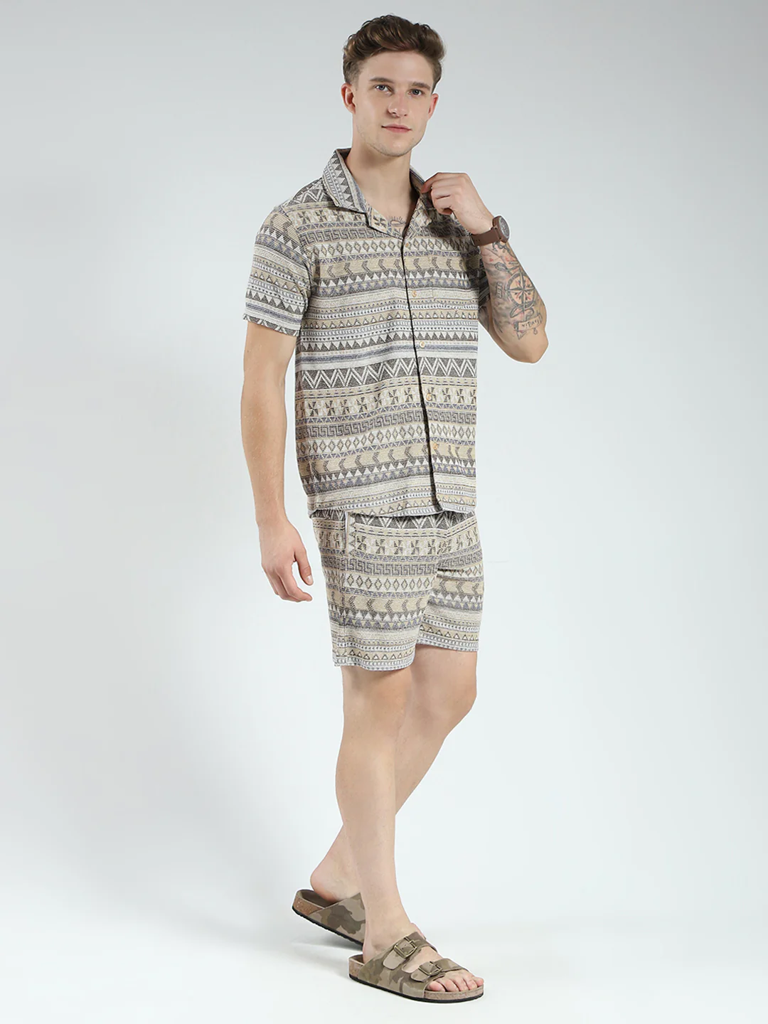 Men Brown Printed Collar Half Sleeve Bermuda Set - Image 4
