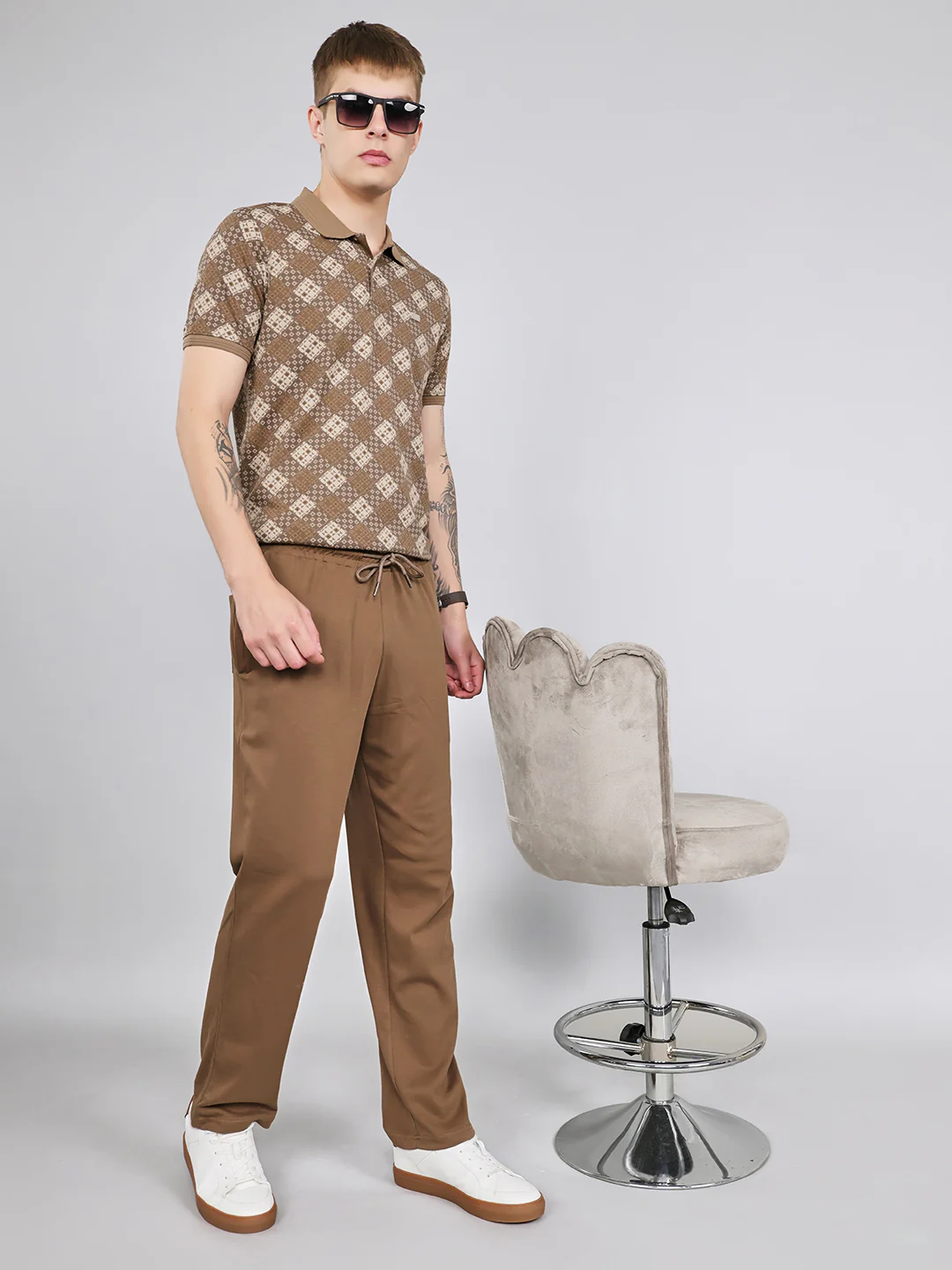 Men Brown Printed Collar Half Sleeve Lower Set - Image 7