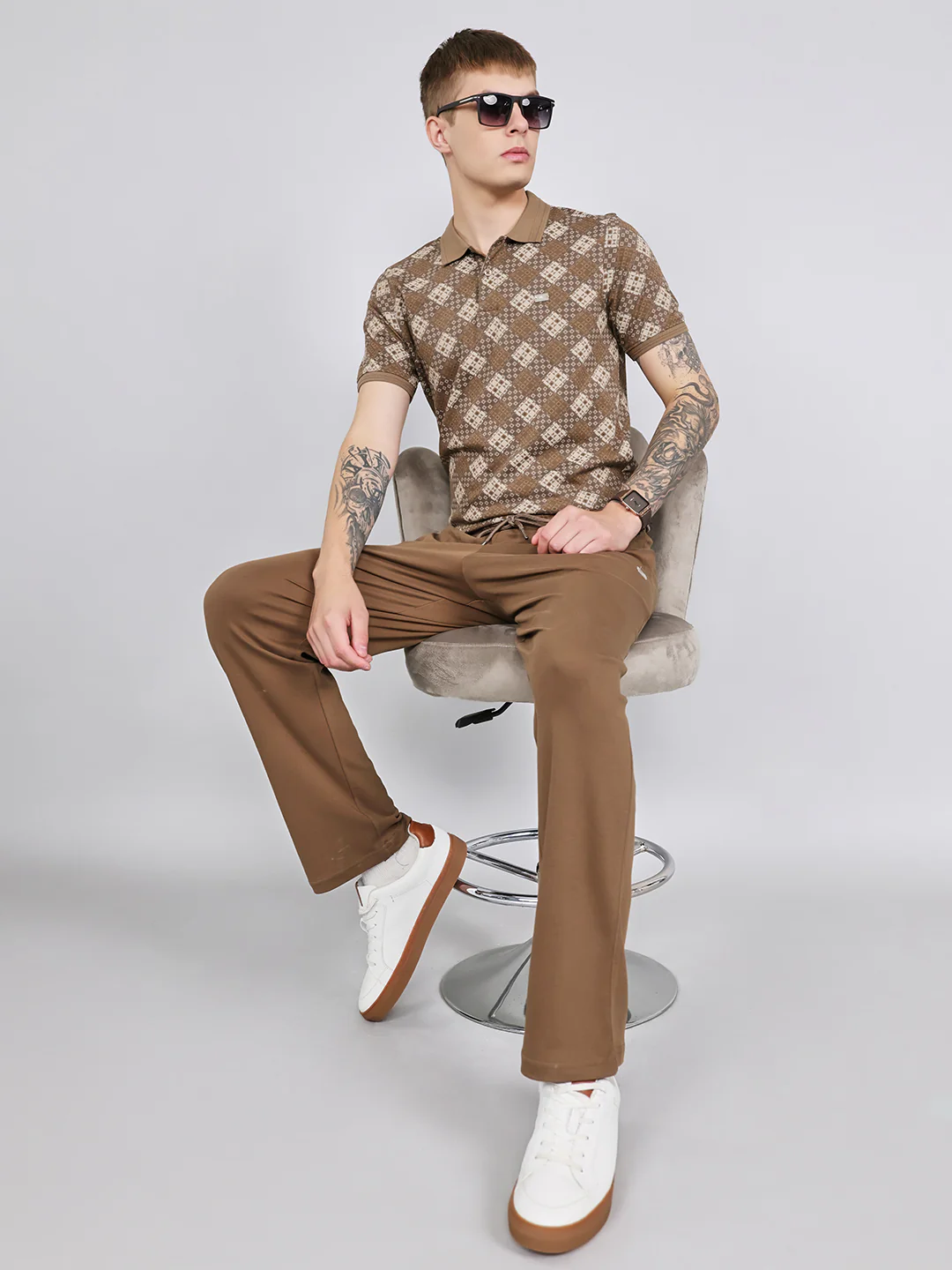 Men Brown Printed Collar Half Sleeve Lower Set - Image 8