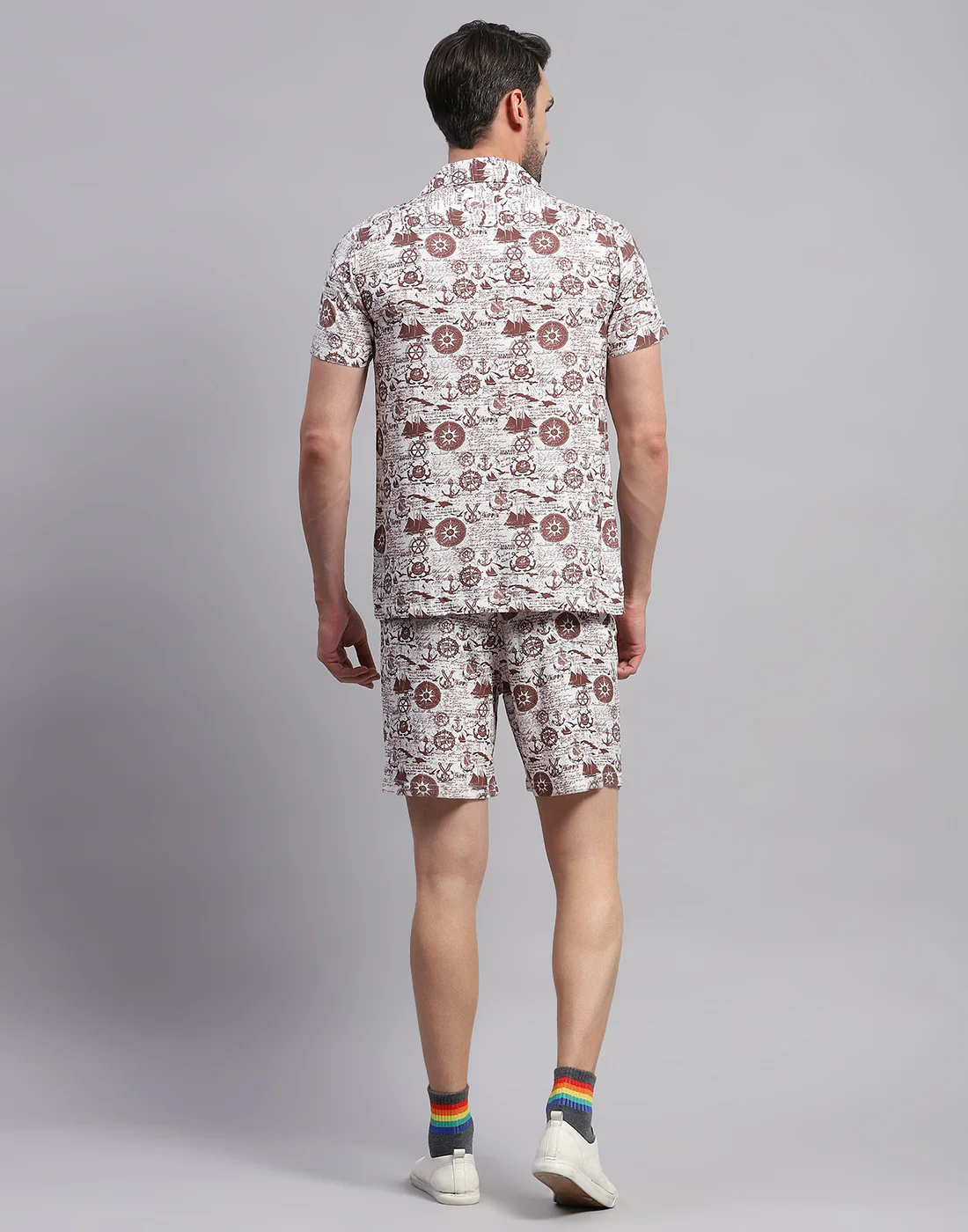 Men Brown Printed Collar Neck Half Sleeve Cords Set - Image 5