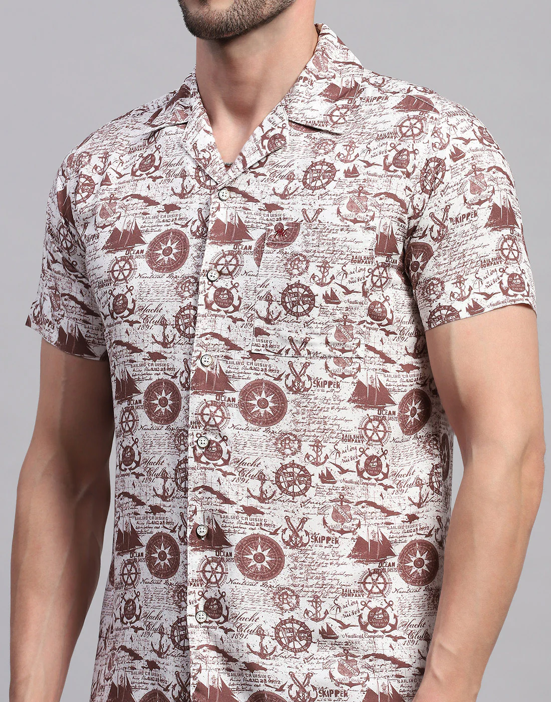 Men Brown Printed Collar Neck Half Sleeve Cords Set - Image 6