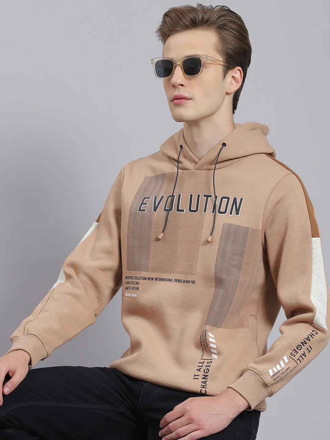 Men Brown Printed Hooded Full Sleeve Sweatshirt - Image 5
