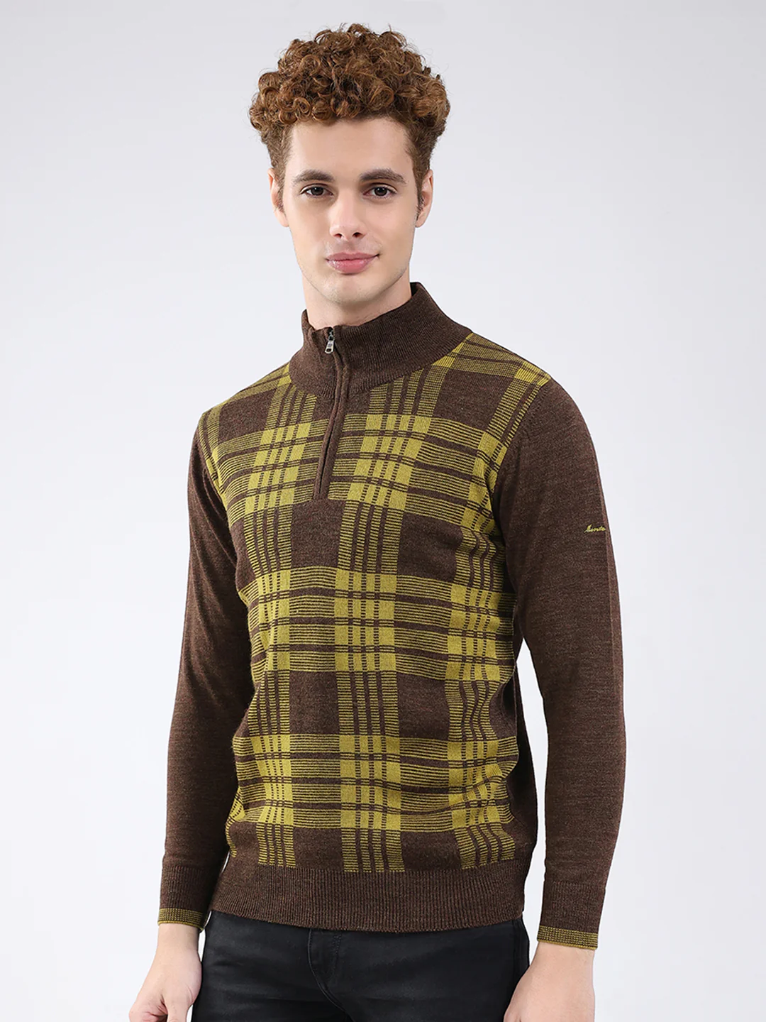 Men Brown Printed Mock Neck Full Sleeve Pullover - Image 3