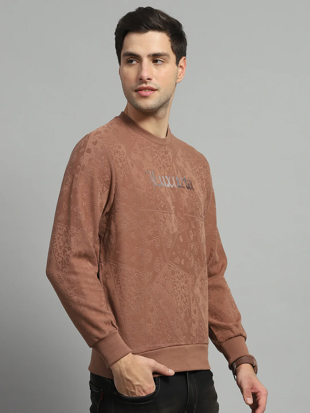Men Brown Printed Round Neck Full Sleeve Sweatshirt - Image 4