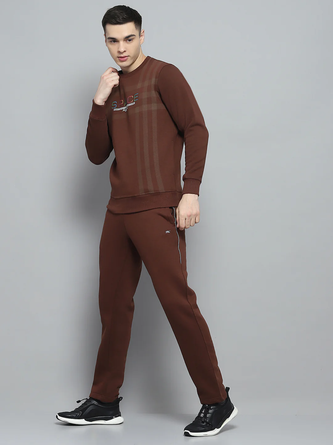 Men Brown Printed Round Neck Full Sleeve Winter Tracksuit - Image 2