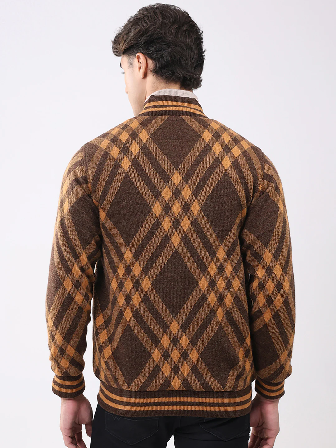 Men Brown Printed T Neck Full Sleeve Jacket - Image 5