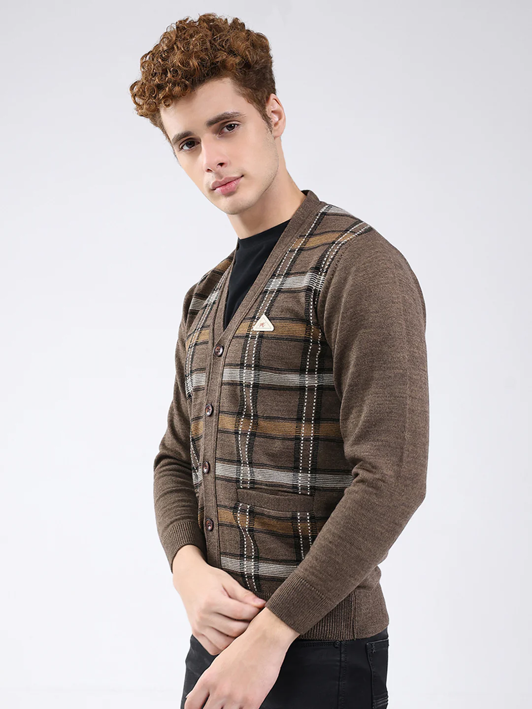 Men Brown Printed V Neck Full Sleeve Cardigan - Image 3