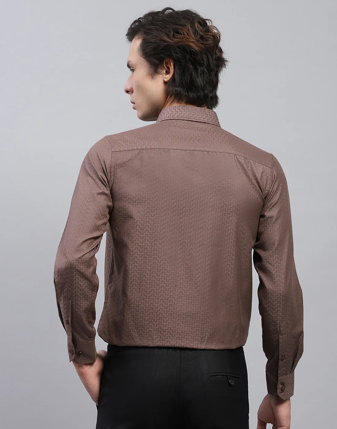Men Brown Self Design Collar Full Sleeve Shirt - Image 5