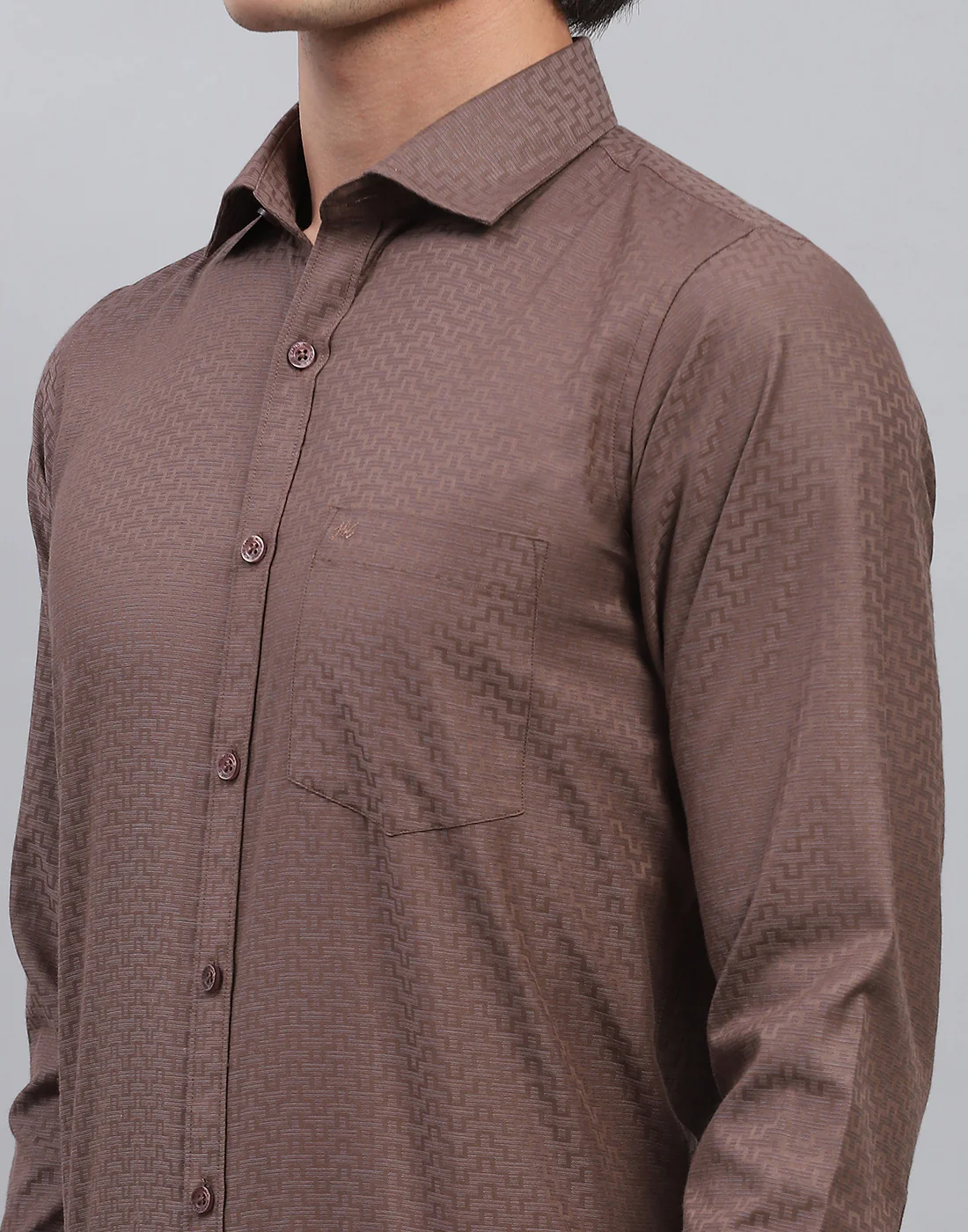 Men Brown Self Design Collar Full Sleeve Shirt - Image 6