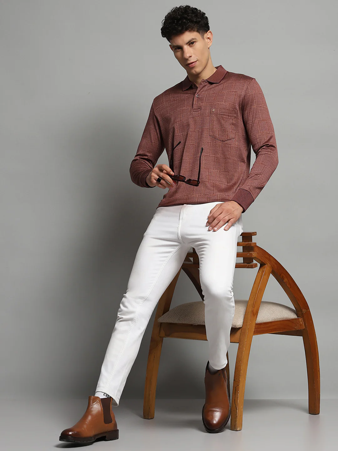 Luxuria Men Brown Self Design Collar Full Sleeve Winter T-Shirt - Image 2