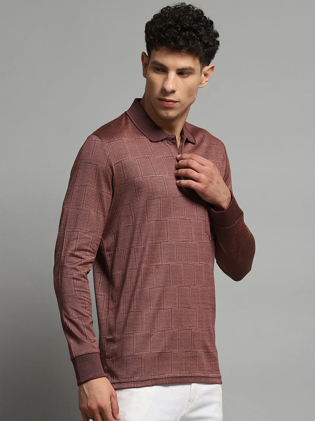 Luxuria Men Brown Self Design Collar Full Sleeve Winter T-Shirt - Image 4