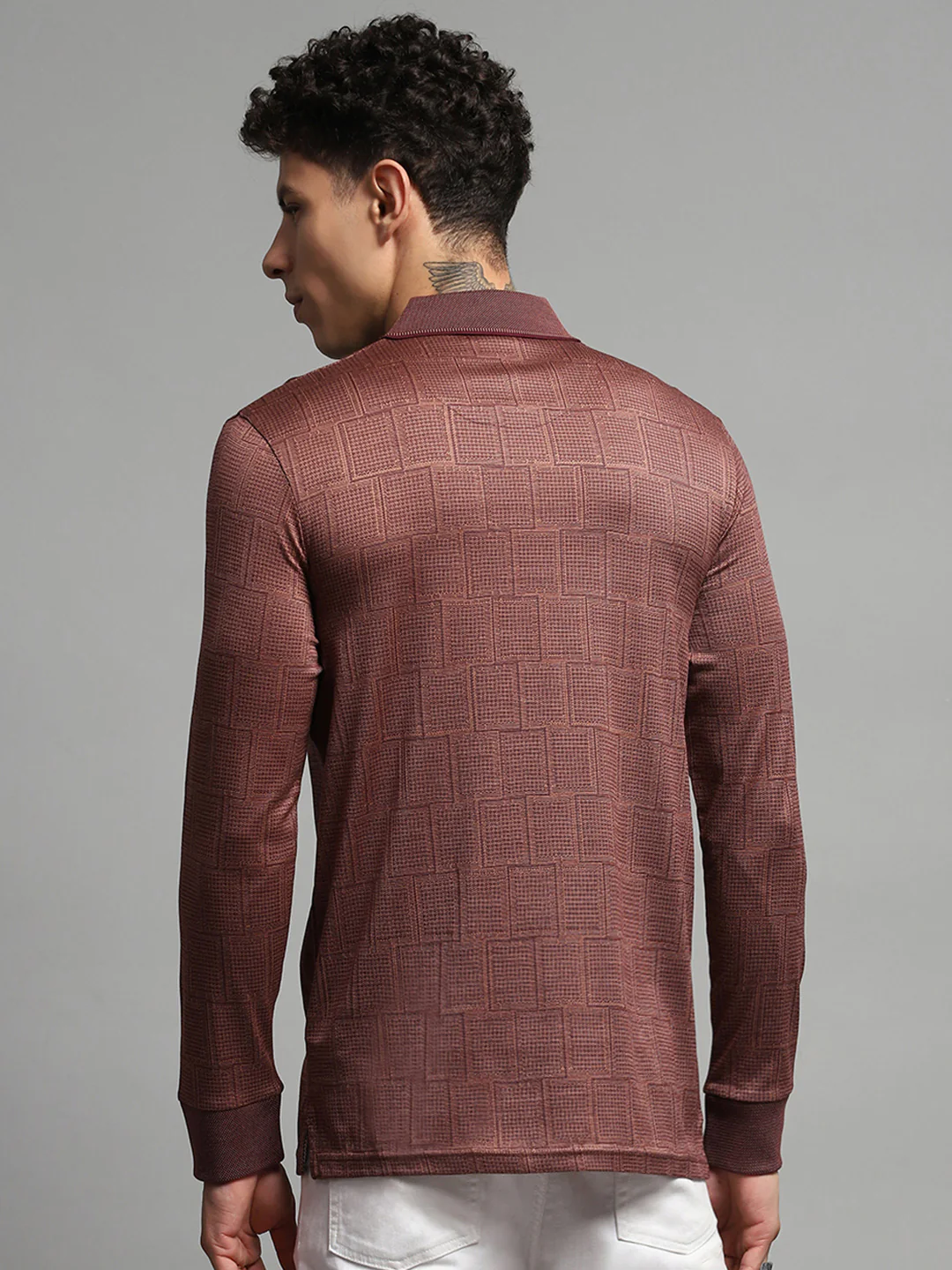 Luxuria Men Brown Self Design Collar Full Sleeve Winter T-Shirt - Image 5