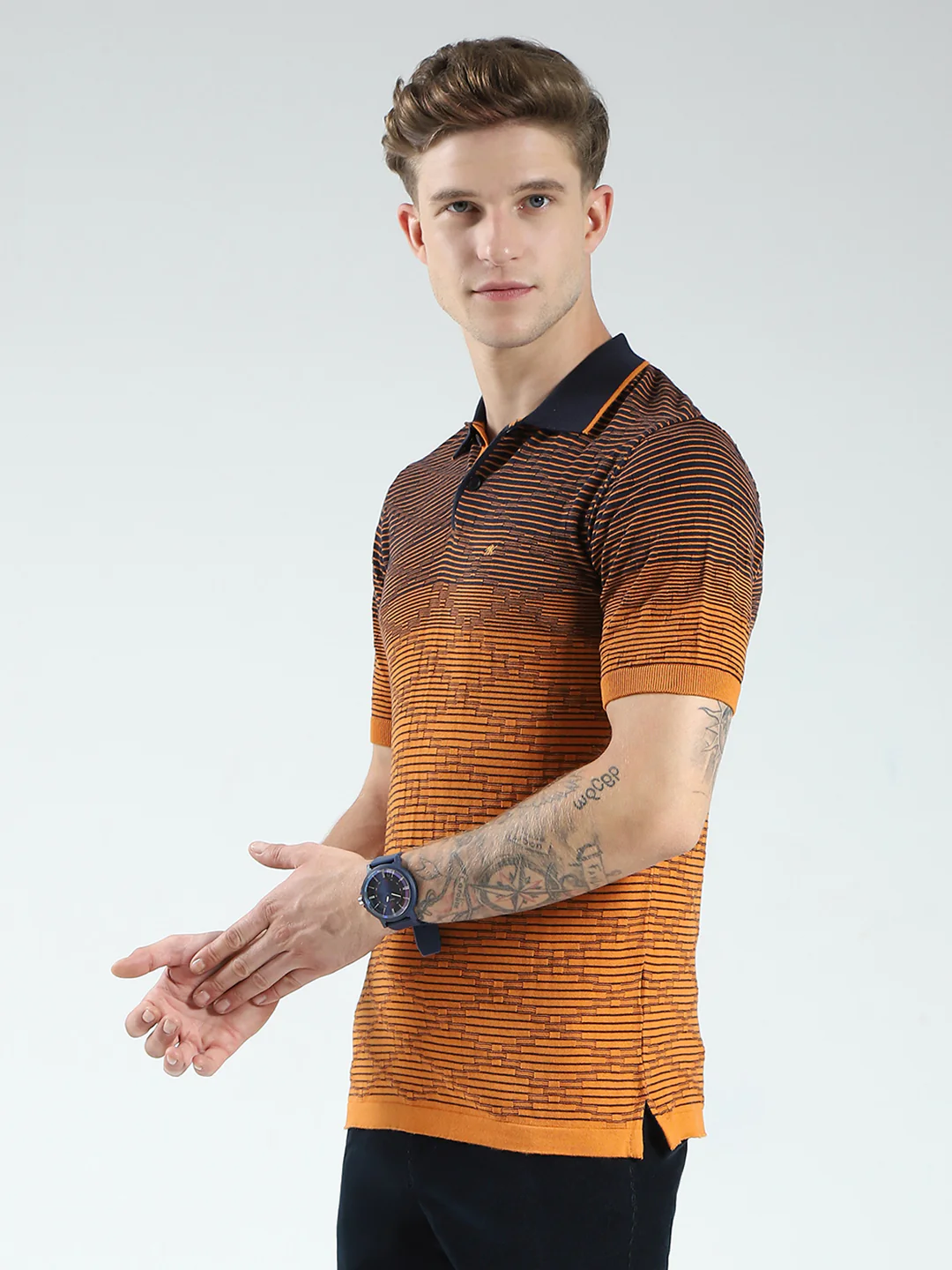 Men Brown Self Design Collar Half Sleeve T-Shirt - Image 3
