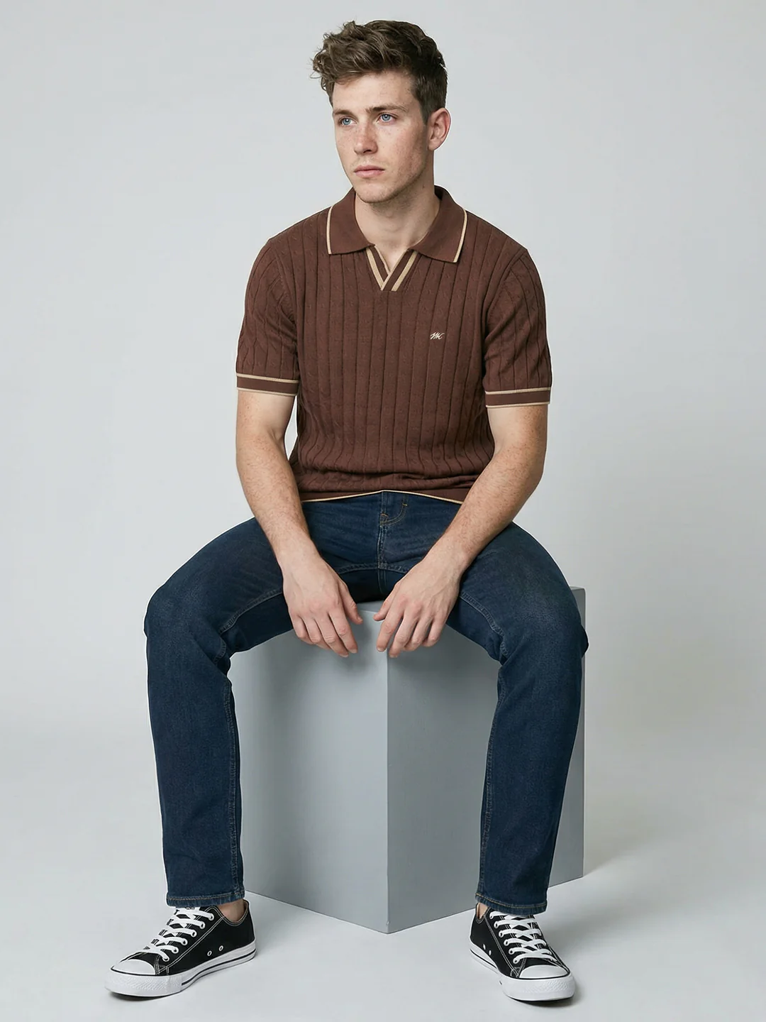 Men Brown Self Design Collar Half Sleeve T-Shirt - Image 5
