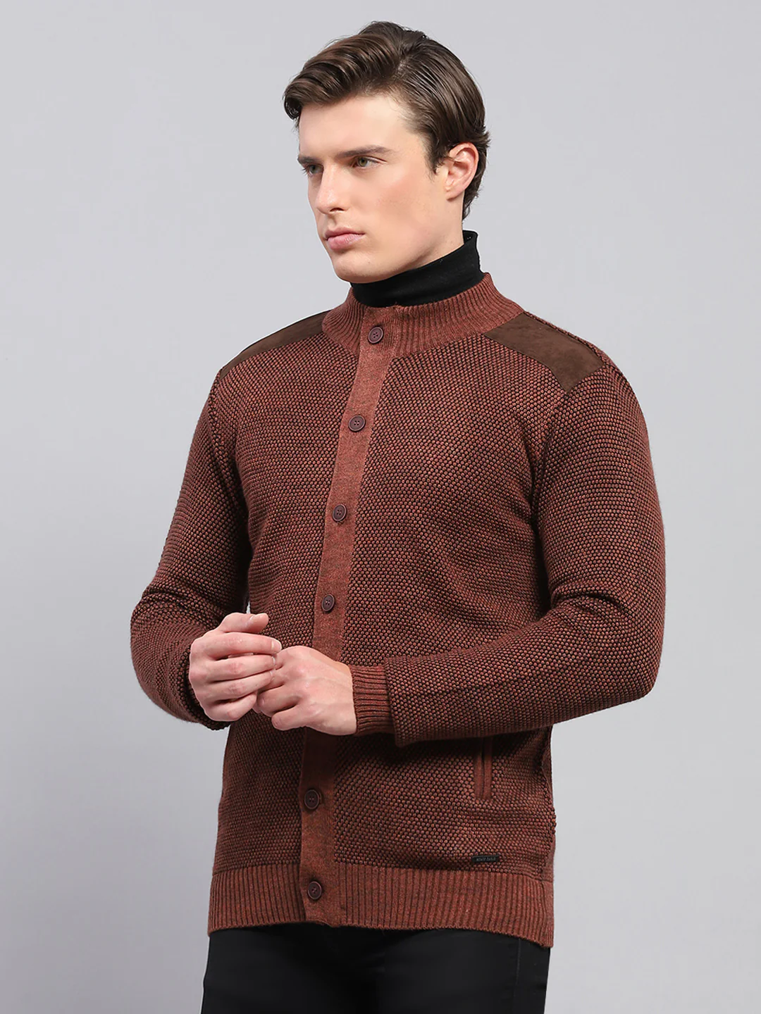Men Brown Self Design High Neck Full Sleeve Pullover - Image 3