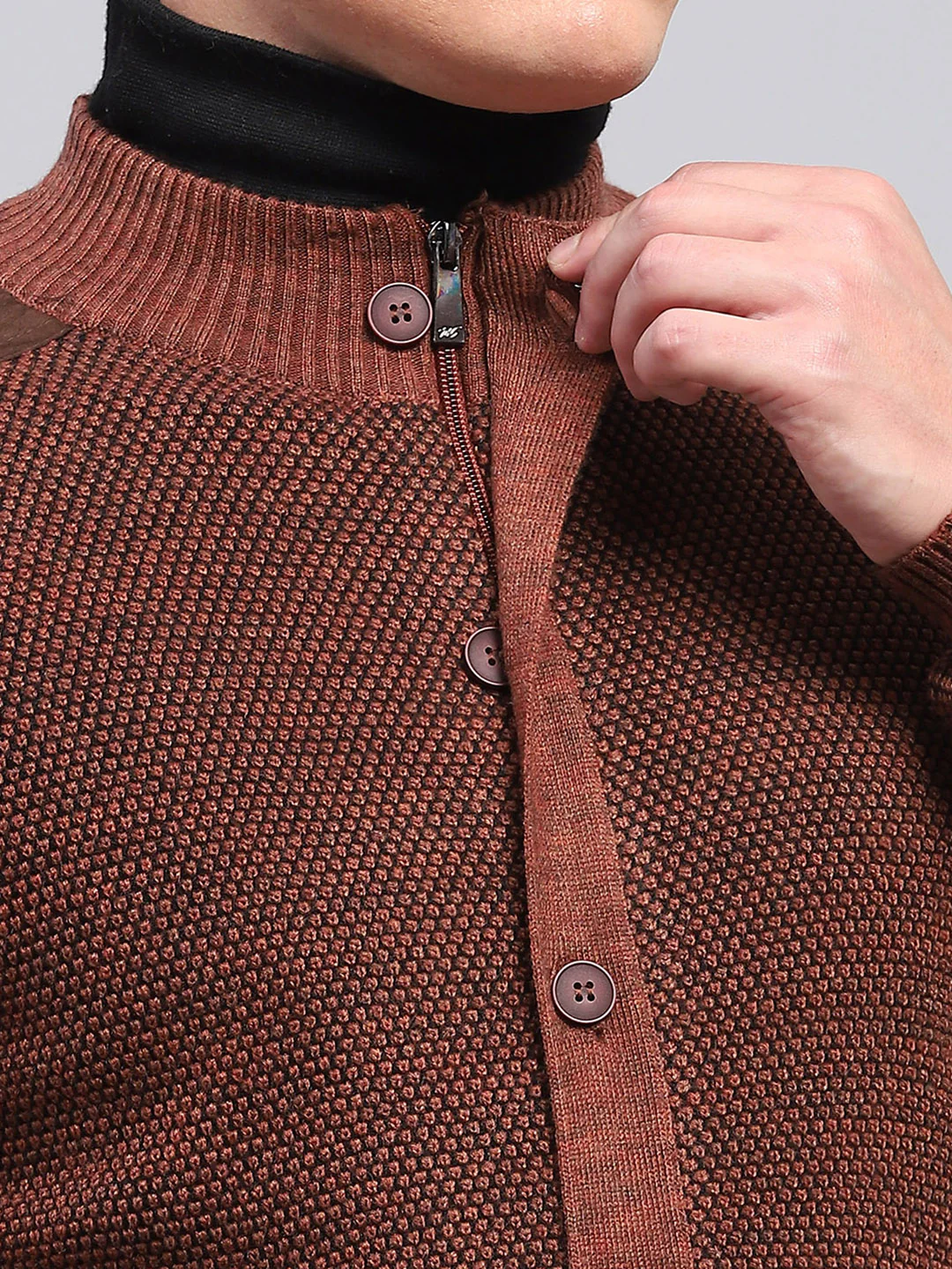Men Brown Self Design High Neck Full Sleeve Pullover - Image 7