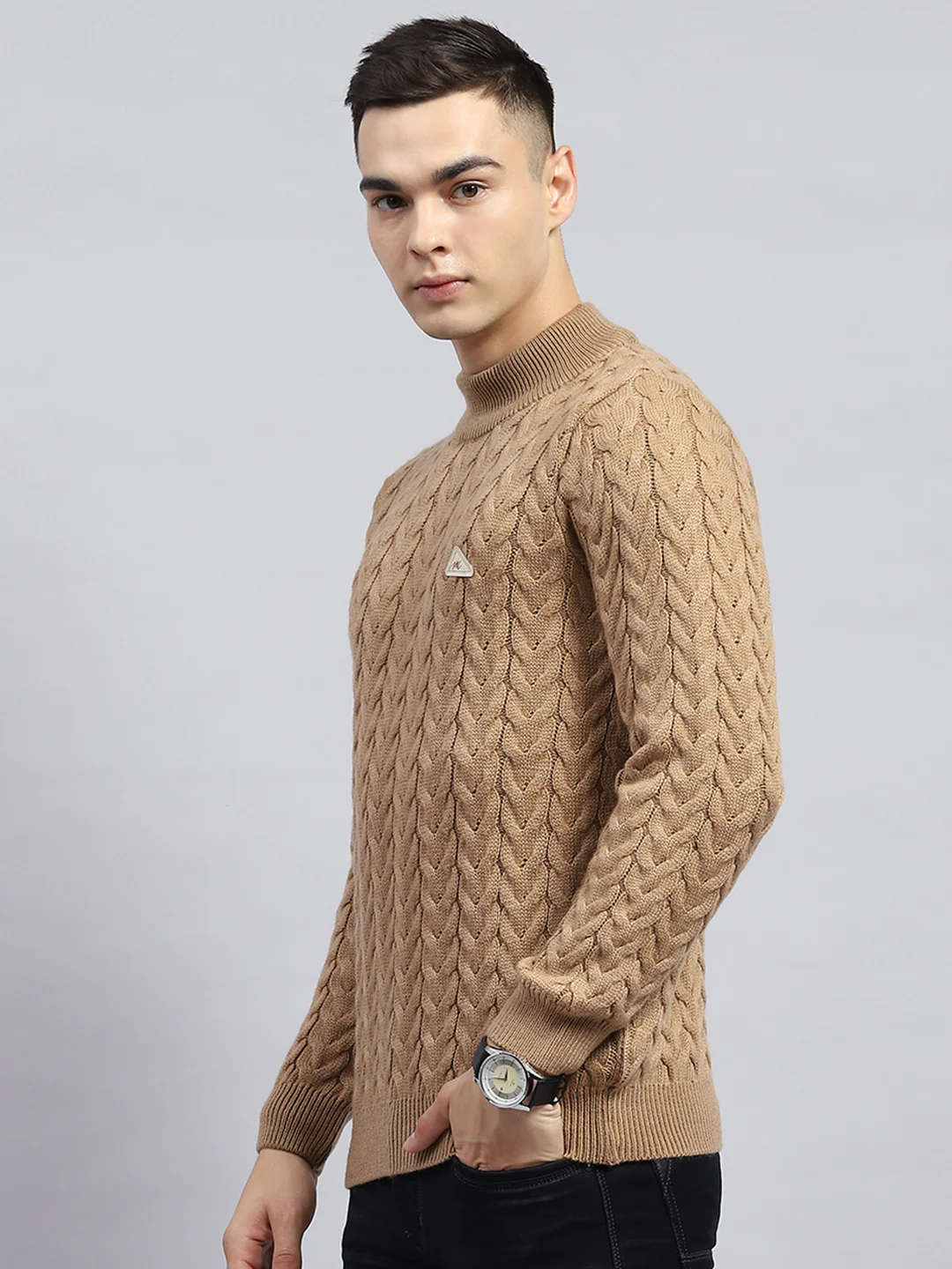 Men Brown Self Design High Neck Full Sleeve Pullover - Image 3