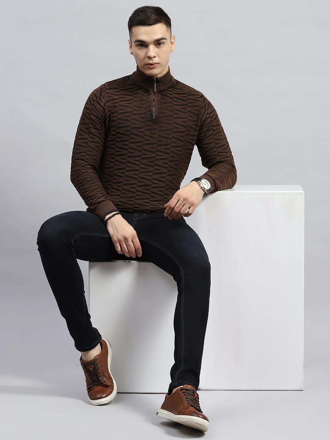 Men Brown Self Design High Neck Full Sleeve Pullover - Image 2