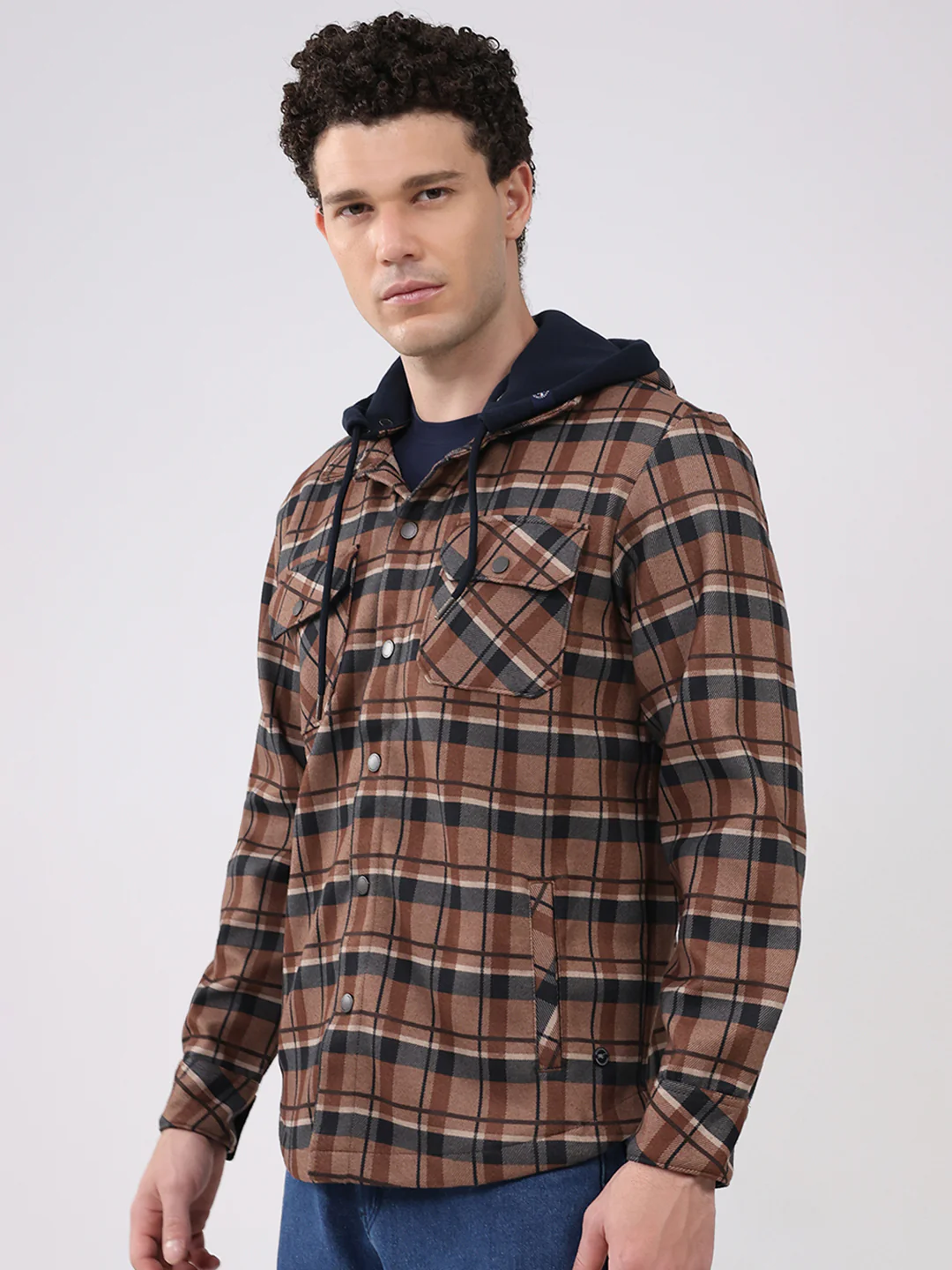 Men Brown Self Design Hooded Full Sleeve Sweatshirt - Image 3