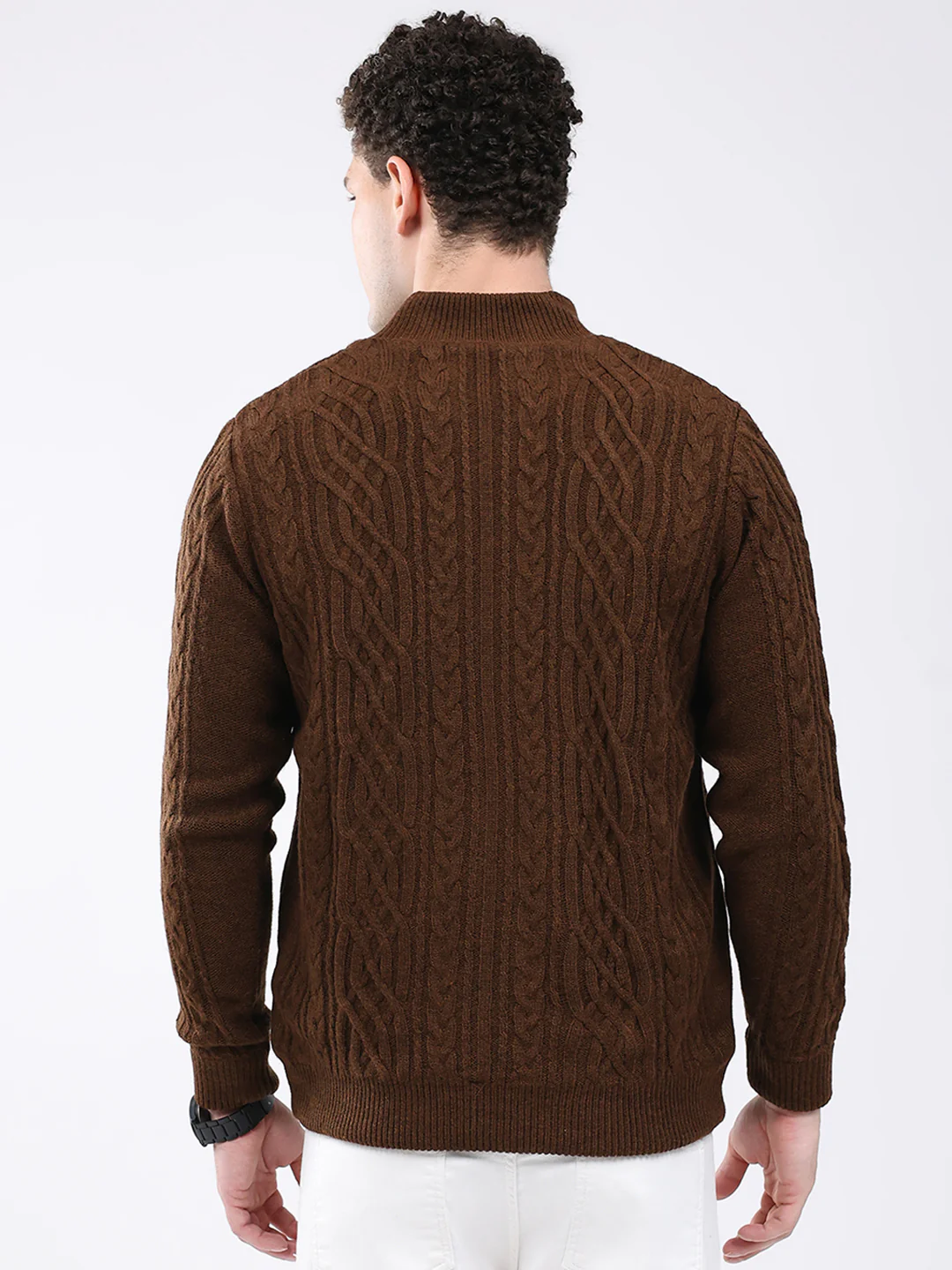 Men Brown Self Design Mock Neck Full Sleeve Jacket - Image 5