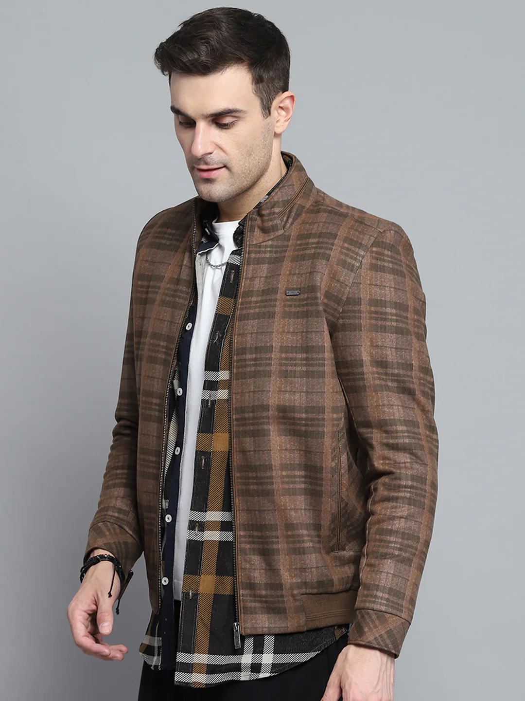 Men Brown Self Design Mock Neck Full Sleeve Jacket - Image 3