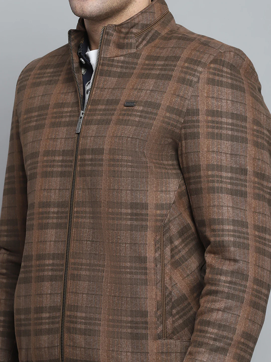 Men Brown Self Design Mock Neck Full Sleeve Jacket - Image 7