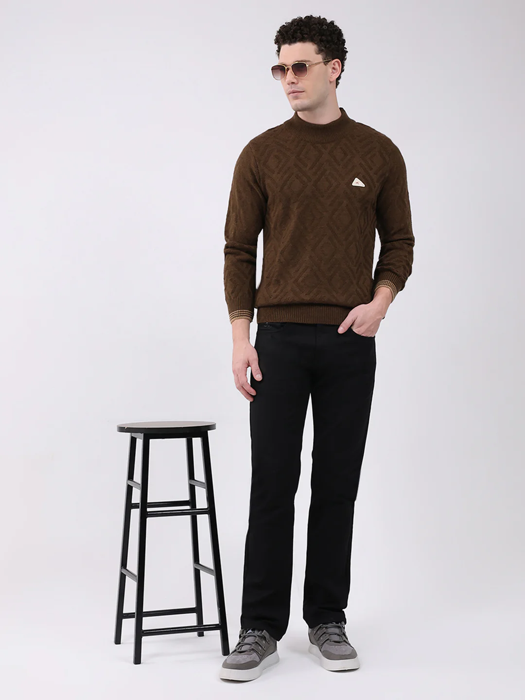 Men Brown Self Design Mock Neck Full Sleeve Pullover - Image 2