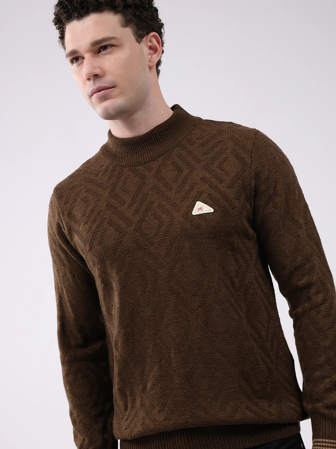Men Brown Self Design Mock Neck Full Sleeve Pullover - Image 6