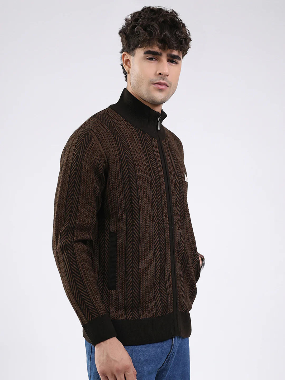 Men Brown Self Design Mock Neck Full Sleeve Pullover - Image 4
