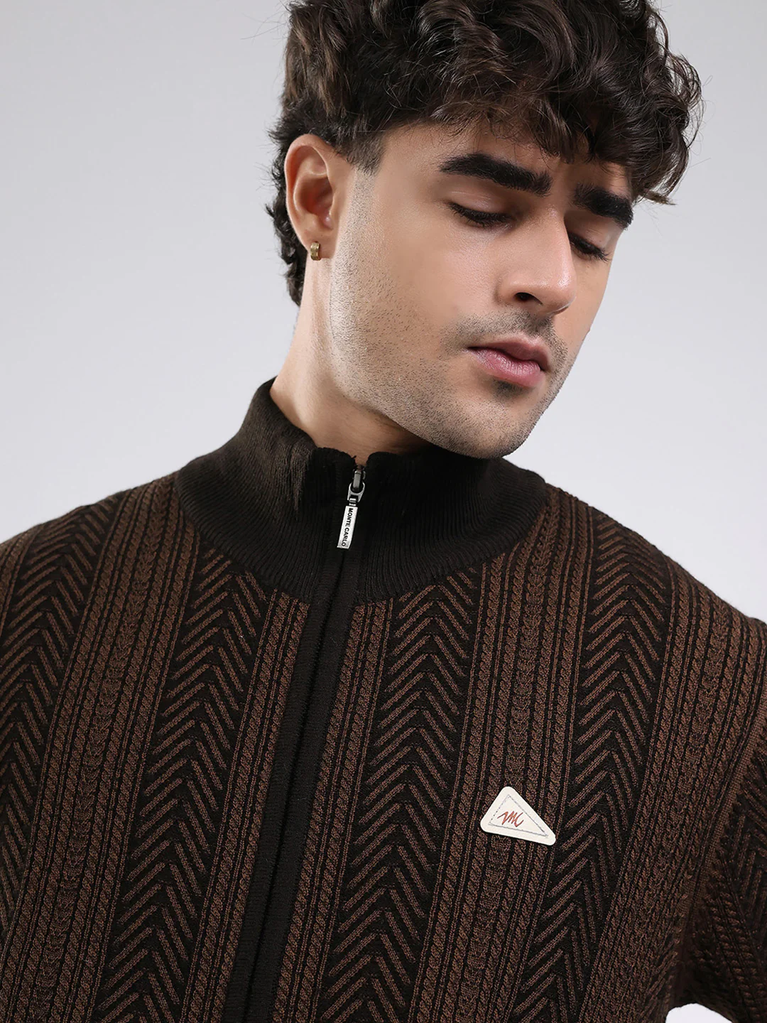 Men Brown Self Design Mock Neck Full Sleeve Pullover - Image 6