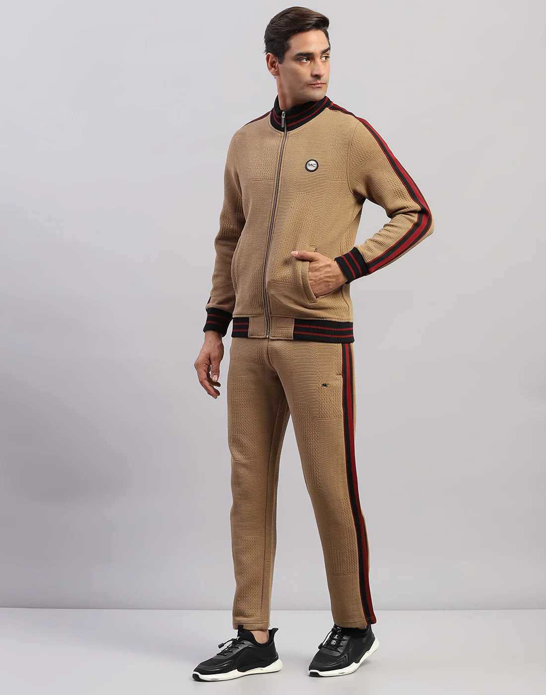 Men Brown Self Design Mock Neck Full Sleeve Winter Tracksuit - Image 3
