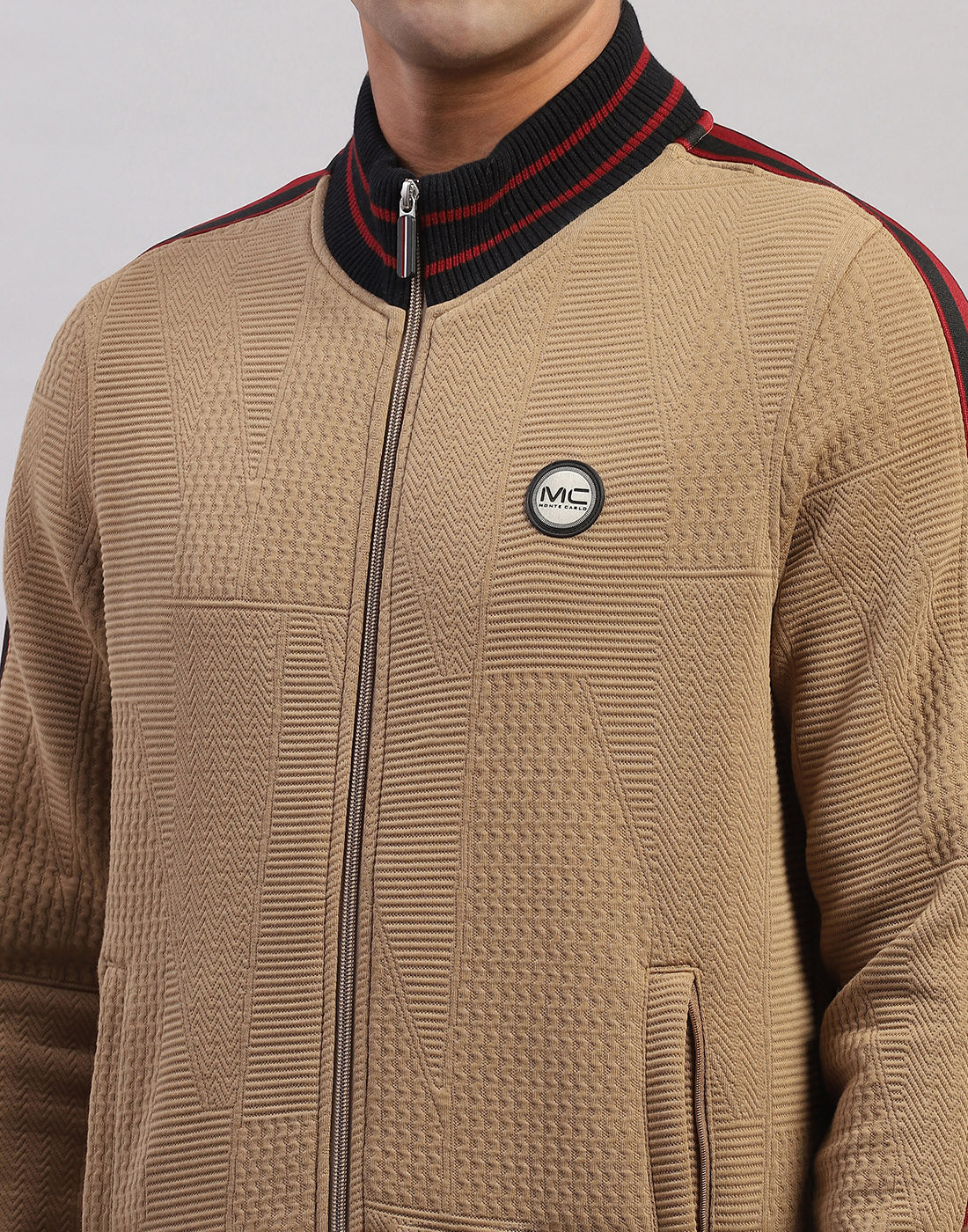 Men Brown Self Design Mock Neck Full Sleeve Winter Tracksuit - Image 6